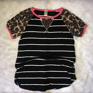 Stripe top with leopard sleeves